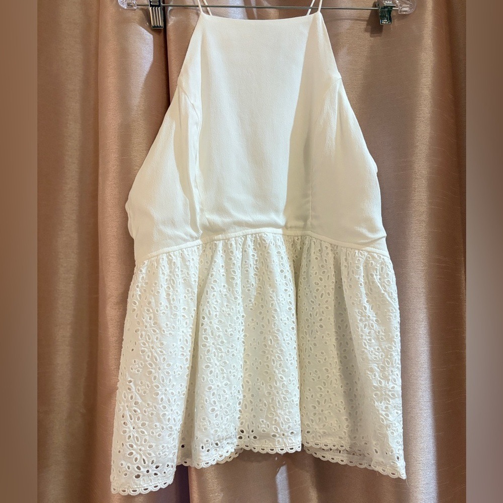 White Halter Peplum Top Eyelet Lace Sleeveless Boho Blouse Back Zip L